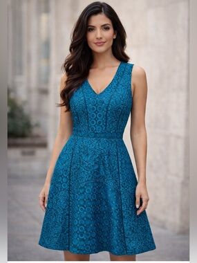 Antonio Melani Teal Lace Dress Size 6 Fit & Flare A-Line Cocktail Wedding Guest